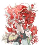  1girl absurdres ahoge arm_up black_butterfly bud bug butterfly commentary covered_mouth covering_own_mouth drill_hair english_commentary flower flower_over_eye green_eyes grey_sleeves hair_between_eyes hair_flower hair_ornament hair_ribbon hibiscus highres holding holding_flower kasane_teto kasane_teto_(sv) killlb leaf long_sleeves looking_at_viewer material_growth multicolored_butterfly one_eye_covered plant plant_growth red_butterfly red_flower red_hair red_nails ribbon simple_background sleeve_cuffs solo synthesizer_v thorns twin_drills utau white_background white_ribbon 