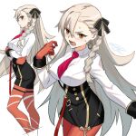  ahoge belt black_wrist_cuffs blush bow braid breasts commentary_request decoponmagi earrings fate/grand_order fate_(series) gloves hair_between_eyes hair_bow highres jewelry large_breasts long_hair necktie olga_marie_animusphere olga_marie_animusphere_(unbeast) open_mouth orange_eyes pantyhose red_gloves sharp_teeth sweat teeth very_long_hair white_hair wrist_cuffs 