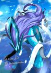  animal_focus blue_fur blue_sky cloud commentary english_commentary no_humans outdoors pokemon pokemon_(creature) pokemon_focus purple_hair red_eyes sawa_d sky solo suicune 