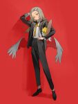  1girl arm_behind_head baguette black_jacket black_pants black_shoes black_suit bouquet bread closed_mouth collared_shirt colored_eyelashes commentary dress_shirt dress_shoes elbow_carry feathered_wings flipped_hair flower food full_body gakuen_idolmaster grey_hair grey_wings hair_ornament hairclip hand_on_own_hip holding holding_bouquet holding_food idolmaster jacket long_hair long_sleeves looking_at_viewer low_wings necktie olys orange_eyes orange_necktie pants parallel_hairclips red_background shadow shinosawa_hiro shirt shoes solo suit suit_jacket suspenders swept_bangs symbol-only_commentary watch white_shirt wings wristwatch yellow_flower 