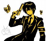  1boy :/ armband black_coat black_hair black_necktie black_vest bug butterfly coat collared_shirt cowboy_shot double-parted_bangs e.g.o_(project_moon) gun hair_between_eyes handgun holding holding_gun holding_weapon jitome limbus_company limited_palette looking_to_the_side male_focus monochrome necktie official_alternate_costume project_moon serious shirt short_hair solemn_lament_(e.g.o) solo vancho_vakurets vest weapon yellow_shirt yi_sang_(project_moon) 