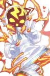  1girl duel_monster electricity elemental_(creature) energy_hair enmo_takeshita gloves headphones heart highres jacket lightning_elemental lightning_hair monster_girl spright_red v white_background white_jacket yu-gi-oh! 