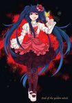  blood blue_eyes blue_hair bow bug butterfly copyright_name dress end_of_the_golden_witch flower furudo_erika hair_flower hair_ornament hat insect long_hair mary_janes pantyhose pink_bow rose shoes solo twintails umineko_no_naku_koro_ni youaresober 