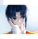  1girl absurdres blue_hair border ciel_(tsukihime) close-up collared_shirt glasses hand_on_own_face highres looking_to_the_side pppeipeipipi shirt short_hair signature solo tsukihime type-moon vest white_border yellow_vest 