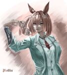  1girl absurdres animal_ears breasts brown_hair closed_mouth ear_ornament glasses highres holding holding_removed_eyewear horse_ears horse_girl ikuno_dictus_(umamusume) jacket long_hair long_sleeves looking_at_viewer moltke_(moltke_von) multicolored_hair necktie open_clothes open_jacket red_necktie round_eyewear shirt simple_background smile solo umamusume unworn_eyewear upper_body vest white_jacket white_shirt white_vest 