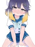  1girl 1other arm_support blonde_hair blue_neckerchief blue_sailor_collar blue_skirt blush collarbone commentary cowboy_shot double-parted_bangs gradient_eyes gradient_hair hair_between_eyes hair_ornament hairclip hat highres kantai_collection looking_at_viewer matu_(matu19) multicolored_eyes multicolored_hair neckerchief pleated_skirt pov puffy_short_sleeves puffy_sleeves purple_eyes purple_hair sailor_collar school_uniform serafuku shirt short_sleeves sidelocks simple_background skirt smile straddling thighs tsushima_(kancolle) two_side_up white_background white_hat white_shirt yellow_eyes 