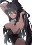  1girl absurdres adjusting_hair animal_ears arms_behind_head black_hair black_leotard blue_archive blue_bow blue_bowtie bow bowtie breasts cleavage commentary_request dark-skinned_female dark_skin detached_collar fake_animal_ears fishnet_pantyhose fishnets hair_tie hair_tie_in_mouth hand_in_own_hair hands_in_own_hair highleg highleg_leotard highres karin_(blue_archive) karin_(bunny)_(blue_archive) large_breasts leotard long_hair looking_at_viewer mouth_hold official_alternate_costume pantyhose playboy_bunny ponytail rabbit_ears shiroyo_(shiromeahi) strapless strapless_leotard traditional_bowtie tying_hair 