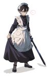  ... 1boy absurdres apron black_dress black_hair blush commentary_request crossdressing crossdressing_(mtf) dress frilled_apron frills full_body hair_between_eyes highres holding holding_sword holding_weapon kirito maid maid_apron maid_headdress male_focus male_maid short_hair solo spoken_ellipsis standing sword sword_art_online toramaru_(696anna) weapon white_apron 