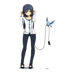  absurdres bird blue_hair bluebird brown_eyes casual collarbone digital_media_player hands_on_headphones headphones highres idolmaster idolmaster_(classic) kisaragi_chihaya long_hair long_sleeves ohayohayo pants smile solo 