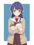  1girl blue_background blue_eyes blue_hair blush border brown_cardigan brown_dress cardigan character_doll closed_mouth commentary_request cowboy_shot doll dollchestra dress harusame_(wm15_same) hasu_no_sora_school_uniform highres kachimachi_kosuzu link!_like!_love_live! long_sleeves looking_at_viewer love_live! mole mole_on_neck murano_sayaka neckerchief nesoberi open_cardigan open_clothes outline outside_border red_neckerchief sailor_collar sailor_dress school_uniform simple_background smile solo split_mouth virtual_youtuber white_border white_outline white_sailor_collar winter_uniform yugiri_tsuzuri 