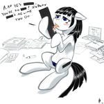  black_hair blue_eyes blush censor_bar censorship computer dripping english_text equine female hair hobbes_maxwell horse laptop licking mammal masturbation my_little_pony oc original_character panties pony solo sopa text tongue underwear 