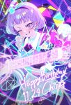  black_shirt black_thighhighs blue_choker blush bracelet character_name choker commentary_request dated dolldolldd dot_nose earrings grin happy_birthday highres himitsu_no_aipri holding holding_microphone idol idol_clothes jewelry looking_at_viewer mamiya_chii microphone midriff miniskirt navel neon_lights pretty_series purple_eyes purple_hair purple_skirt raised_eyebrow see-through_clothes see-through_sleeves shirt short_hair short_sleeves skirt smile sparkle stage straight_hair sweat thighhighs v-shaped_eyebrows 