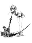  1girl :< ahoge arknights bare_shoulders bracelet breasts commentary_request contrapposto expressionless feather_hair fingerless_gloves full_body gloves greyscale hair_intakes hasukurira head_rest highres holding holding_scythe huge_weapon impossible_clothes impossible_shirt infection_monitor_(arknights) jewelry la_pluma_(arknights) long_legs looking_at_viewer medium_breasts medium_hair micro_shorts midriff_peek monochrome pouch scythe shirt shorts simple_background single_glove sleeveless sleeveless_shirt solo walkie-talkie weapon white_background 