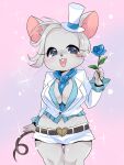  1girl alternate_costume animal_ears blue_eyes blue_flower blue_rose blue_scarf blush breasts cat_busters cleavage commentary_request cowboy_shot debu_nezu flower furry furry_female genderswap genderswap_(otf) gradient_background hat holding holding_flower large_breasts looking_at_viewer midriff mini_hat mouse_(cat_busters) mouse_ears mouse_girl mouse_tail rose scarf shirt short_hair shorts solo sparkle standing tail top_hat white_fur white_hair white_hat white_shirt white_shorts 