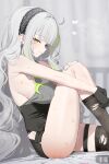  1girl adjusting_clothes adjusting_legwear armpits artist_name black_gloves black_hairband black_thighhighs blunt_bangs blush breasts clothed_after_sex commentary_request condom condom_wrapper cum cum_on_body cum_on_legs deyui earrings firenze_(stella_sora) gloves green_eyes green_hair grey_hair hairband heart highres indoors jewelry knee_up lace-trimmed_hairband lace_trim large_breasts long_hair looking_at_viewer male_pubic_hair mole mole_under_eye multicolored_hair multiple_moles profile pubic_hair sideboob sideways_glance sitting smile solo spanked steaming_body stella_sora stray_pubic_hair streaked_hair sweat thigh_strap thighhighs torn_clothes torn_thighhighs two-tone_hair very_long_hair 