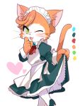  1boy :3 alternate_costume animal_ears animal_hands apron ascot blush brooch cat_boy cat_busters cat_ears cat_tail clothes_lift commentary_request crossdressing crossdressing_(mtf) debu_nezu dress enmaided furry furry_male green_dress green_eyes green_shoes heart high_heels jewelry long_dress looking_at_viewer maid maid_headdress male_focus male_maid one_eye_closed open_mouth orange_fur orange_hair outline pantyhose pico_(cat_busters) pink_outline red_ascot shoes short_hair simple_background skirt skirt_lift slit_pupils solo tail trap white_apron white_background white_pantyhose 