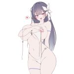  1girl areola_slip bikini blue_eyes blue_hair blush breasts commentary_request covering_breasts covering_privates cowboy_shot flat_color hair_ornament heart heart-shaped_pupils highleg highleg_bikini highres huge_breasts indie_virtual_youtuber long_hair looking_at_viewer mimyo_(vtuber) narrow_waist navel o-ring o-ring_bikini open_clothes open_mouth rapid17 ribbon simple_background skindentation smile solo spoken_heart swimsuit symbol-shaped_pupils thigh_strap thighs untied_bikini untied_bikini_top virtual_youtuber white_background white_bikini 