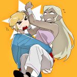  1boy 1girl aged_up bare_shoulders blonde_hair blush carrying carrying_person closed_eyes dark-skinned_female dark_skin flying_sweatdrops highres link long_hair pants senzo6700 short_hair simple_background strapless sweatdrop tetra the_legend_of_zelda the_legend_of_zelda:_the_wind_waker toon_link white_pants yellow_background 