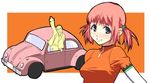  1girl beard blue_eyes blush bodysuit car facial_hair glasses ground_vehicle hair_tie iqu jacket kurokawa_ken'ichi mezzo_danger_service_agency mezzo_forte motor_vehicle pink_hair short_hair smile suzuki_mikura twintails volkswagen volkswagen_beetle waving 