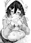  1girl beanie blush breasts buttons coat commentary_request crossed_bangs double-breasted eating food from_above greyscale hair_between_eyes hair_ornament hat heart highres holding holding_food iapoc large_breasts looking_at_viewer monochrome original pleated_skirt scarf skirt solo sora_(iapoc) spoken_heart steamed_bun winter winter_clothes 