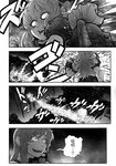  chinese greyscale hard_translated hoshiguma_yuugi ibuki_suika imizu_(nitro_unknown) in_the_face kochiya_sanae monochrome multiple_girls touhou translated 