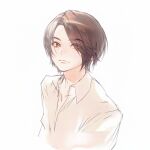  1boy brown_eyes brown_hair closed_mouth collared_shirt cropped_torso eyes_visible_through_hair hair_over_one_eye hanaseto highres kamen_rider kamen_rider_555 kiba_yuji male_focus mole mole_on_cheek open_collar shirt short_hair simple_background solo white_background white_shirt 