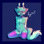 animal_ears antennae checkered_background collar english_text fang fluffy furry furry_male glaring gnarpies highres looking_at_viewer nipples non-web_source nude penis precum solo thighhighs twintails 