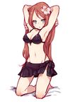  absurdres armpits arms_up bikini black_sarong blue_eyes bluerancel brown_hair flower hair_flower hair_ornament highres long_hair looking_at_viewer male_focus namine_ritsu otoko_no_ko sarong solo swimsuit utau 