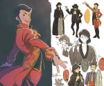  1girl 3boys :d alternate_costume arsene_lupin_iii ascot black_hair black_jacket black_pants blue_shirt boots closed_eyes coat facial_hair hakama hat highres holding holding_sword holding_weapon ishikawa_goemon_xiii jacket japanese_clothes jigen_daisuke long_sleeves looking_at_viewer lupin_iii male_focus mine_fujiko mino_(mino_cat) multiple_boys multiple_views necktie open_mouth orange_necktie pants partially_colored red_coat red_jacket red_pants robot shirt short_hair sideburns smile sparkle speech_bubble sword teeth weapon yellow_necktie 