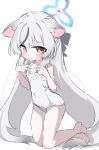  1girl absurdres animal_ear_fluff animal_ears barefoot blue_archive blue_halo blush brown_eyes covered_navel crossed_legs feet halo highres kneeling kokona_(blue_archive) long_hair name_tag natsukari_na old_school_swimsuit one-piece_swimsuit school_swimsuit solo swimsuit thighs tiger_ears tiger_girl toes very_long_hair white_hair white_one-piece_swimsuit 