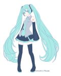  1girl absurdres aqua_belt aqua_eyes aqua_hair aqua_necktie artist_name belt black_boots black_skirt black_sleeves boots closed_mouth commentary contrapposto detached_sleeves double-parted_bangs english_commentary flat_color frilled_shirt_collar frills full_body grey_shirt hair_between_eyes hatsune_miku headset highres long_hair looking_at_viewer necktie number_tattoo pigeon-toed pleated_skirt pluvias shirt shoulder_tattoo skirt sleeveless sleeveless_shirt smile solo tattoo thigh_boots twintails very_long_hair vocaloid vocaloid_boxart_pose white_background zettai_ryouiki 