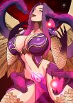  1girl breasts cleavage eyelashes fangs fate/grand_order fate_(series) fingernails forked_tongue glowing glowing_eyes glowing_tattoo gorgon_(fate) head_tilt highres huge_breasts ihsnet long_fingernails long_tongue medusa_(fate) navel open_mouth pelvic_curtain pubic_tattoo purple_eyes purple_hair scales sharp_fingernails solo stomach tattoo teeth tongue upper_teeth_only wings 