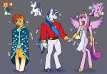 5_fingers anthro beard blue_eyes blue_hair cape clothing crown dirtygum duo ears_up equid equine eyewear facial_hair female fingers friendship_is_magic glasses group hair hasbro headgear hi_res horn humanoid male mammal mane multicolored_body multicolored_hair my_little_pony mythological_creature mythological_equine mythology orange_body orange_hair pink_body pink_eyes princess_cadance_(mlp) shining_armor_(mlp) solo sunburst_(mlp) tail trio unicorn white_body winged_unicorn wings