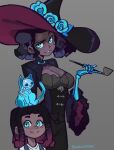  artist_name black_hair blue_eyes blue_flower blue_rose blush breasts bumblesteak cat commentary dark-skinned_female dark_skin dreadlocks dreamworks_face english_commentary english_text flower gloves goth_fashion gradient_hair hair_over_one_eye hat highres idolmaster leandra_grym lenore_grym light_smile lipstick long_hair looking_at_viewer makeup medium_hair multicolored_hair nose original rose simple_background skeleton smoking_pipe tail witch_hat 