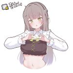  1girl blush breasts brown_hair character_request commentary_request copyright_request cropped_torso double-parted_bangs green_eyes hair_ornament hairclip heart heart_hands highres long_hair long_sleeves looking_at_viewer medium_breasts navel open_mouth parallel_hairclips rapid17 shirt simple_background solo stomach translation_request viichan virtual_youtuber waktaverse white_background white_shirt 