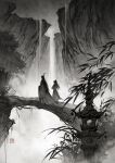  2boys bamboo bamboo_forest branch canyon chinese_clothes cliff commentary_request crossed_arms faux_traditional_media fog forest furisode_sleeves hanfu highres long_hair long_sleeves luo_binghe male_focus monochrome multiple_boys nature plant ponytail renzha_fanpai_zijiu_xitong scenery shen_qingqiu signature standing stone_lantern very_long_hair vines walking water waterfall wide_shot xiao_guan_(headdress) yin_yang yunchuan_1013 