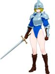  1girl armor ass_visible_through_thighs blonde_hair blue_leotard boots brown_boots brown_gloves commentary_request gloves groin helmet highleg highres leotard original short_hair shoulder_armor soldier sword thighs toraz_rca weapon 