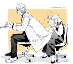  1boy 1girl chair coat commentary_request couple dress franken_stein_(soul_eater) greyscale_with_colored_background hissiu long_sleeves marie_mjolnir object_through_head pregnant screw_in_head sewing shoes sitting soul_eater stitched_face stitches swivel_chair 