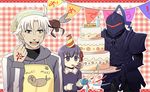  2boys ahoge apron armor azumakuro berserker_(fate/zero) bug child command_spell crest_worm dress fate/zero fate_(series) full_armor hat hood hoodie insect knight matou_kariya matou_sakura multiple_boys party_favor party_hat party_horn party_popper purple_eyes purple_hair white_hair 