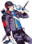  1boy alternate_costume baseball_helmet belt black_helmet black_jacket black_pants blue_jacket chinese_commentary closed_mouth collared_shirt commentary_request cropped_jacket facial_hair gloves goatee_stubble grey_belt helmet highres iori_junpei jacket leaning long_sleeves looking_at_viewer male_focus oldkin open_clothes open_jacket pants persona persona_3 shirt simple_background smile solo stubble sword sword_on_back v-shaped_eyebrows weapon weapon_on_back white_background white_gloves 