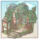  1girl :d animal apple basket bear bird blonde_hair border chigu cloud commentary_request day dog eating food fruit grass highres holding holding_food holding_fruit ladder open_mouth original outdoors outside_border path rabbit scenery short_hair sitting smile solo stairs tree twitter_username white_border 