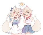  2girls :d animal_ear_fluff animal_ears blonde_hair blue_eyes blue_shirt blue_skirt blue_streaks blush breasts clothes_writing commentary_request dog_ears dog_girl dog_tail donut fang flat_chest food fuwawa_abyssgard fuwawa_abyssgard_(casual) hair_ornament halter_shirt halterneck hands_on_own_cheeks hands_on_own_face hololive hololive_english long_hair mococo_abyssgard mococo_abyssgard_(casual) multiple_girls oppai_loli pink_eyes pink_streaks pleated_skirt pon_de_ring scrunchie shirt short_hair siblings simple_background sisters skirt sleeveless sleeveless_shirt smile spoken_food tail tomoe_takenari virtual_youtuber white_background white_shirt white_skirt wrist_scrunchie x_hair_ornament 