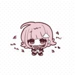  1girl ameko53133 brown_hair chibi danganronpa_(series) danganronpa_2:_goodbye_despair flipped_hair hair_ornament jacket long_sleeves looking_at_viewer medium_hair nanami_chiaki neck_ribbon open_clothes open_jacket pink_eyes pink_ribbon pleated_skirt ribbon shirt skirt solo white_shirt 