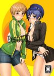  bang-you bike_shorts blue_eyes blue_hair blush breasts briefs brown_eyes brown_hair cabbie_hat cleavage edging_briefs engrish hat jacket large_breasts multiple_girls navel no_bra no_pants open_clothes open_jacket panties persona persona_4 ranguage satonaka_chie shirogane_naoto short_hair sweat track_jacket underwear white_briefs 