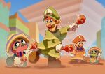  2boys :d arms_at_sides big_nose blue_eyes bright_pupils brown_hair brown_shoes dancing facial_hair flower-shaped_pupils green_hat green_poncho hand_up hat highres holding holding_instrument holding_maracas initial instrument legs_apart looking_at_another maracas mario_(series) monyorun motion_lines multiple_boys mustache red_hat red_poncho shoes sideburns smile sombrero standing standing_on_one_leg super_mario_odyssey symbol-shaped_pupils tostarenan white_pupils yellow_hat 