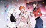  2boys 3girls alternate_costume annette_fantine_dominic belt black_belt black_hair black_jacket blue_pants blush breasts brown_hair cdgm000 closed_eyes commentary_request contemporary denim dorothea_arnault dress felix_hugo_fraldarius fire_emblem fire_emblem:_three_houses food food_in_mouth frown highres indoors jacket karaoke korean_commentary long_hair looking_at_another lysithea_von_ordelia medium_breasts midriff multiple_boys multiple_girls music musical_note navel orange_hair pants pink_eyes pocky pocky_in_mouth red_shirt shirt singing smile sweatdrop sylvain_jose_gautier translation_request white_hair 