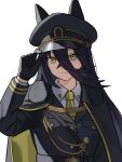  1girl aiguillette animal_ears black_cape black_gloves black_hair black_jacket cape closed_mouth commentary ear_covers ears_through_headwear english_commentary gloves hair_between_eyes hat horse_ears horse_girl jacket long_bangs long_hair long_hair_between_eyes long_sleeves looking_at_viewer manhattan_cafe_(umamusume) military_uniform necktie okimoto peaked_cap shirt simple_background smile solo umamusume upper_body very_long_hair white_background white_shirt yellow_eyes yellow_necktie 