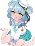  1girl barefoot between_legs blue_hair blue_neckerchief blue_sailor_collar blue_skirt blush collarbone commentary_request double_bun fang feet from_above hair_bun hand_between_legs hat highres kantai_collection long_sleeves looking_at_viewer matu_(matu19) medium_hair mini_hat neckerchief open_mouth pleated_skirt sailor_collar samuel_b._roberts_(kancolle) school_uniform serafuku shirt sidelocks simple_background sitting skin_fang skirt solo thighs tilted_headwear white_background white_hat white_shirt yellow_eyes 