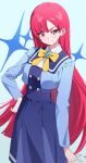  1girl aqua_gem arm_at_side blue_background blue_jacket blue_skirt bow bowtie collared_shirt commentary_request confident cowboy_shot cropped_jacket dolldolldd gem hand_on_own_hip highres himitsu_no_aipri ichijouji_sakura jacket korean_commentary long_hair long_skirt long_sleeves looking_at_viewer paradise_private_academy_school_uniform pretty_series red_eyes red_hair school_uniform shirt skirt smile solo sparkle standing straight_hair tsurime v-shaped_eyebrows very_long_hair yellow_bow yellow_bowtie 
