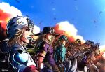  5boys absurdres aqua_hair argyle_clothes argyle_sweater arm_tattoo artist_name beanie beard black_hair blonde_hair blue_eyes blue_helmet blue_lips blue_sky blue_sweater braid brown_hair brown_hat cape chest_tattoo cloud cowboy_hat dark-skinned_male dark_skin day diego_brando english_commentary facial_hair from_side goggles goggles_on_headwear green_cape green_eyes green_lips gyro_zeppeli hand_up hat heart_ornament helmet hey_ya_(horse) highres hood hood_down hoodie horse horseback_riding horseshoe_hat_ornament horseshoe_ornament johnny_joestar jojo_no_kimyou_na_bouken long_hair makeup male_focus medium_hair multicolored_hair multiple_boys mustache native_american noonvincent orange_hair orange_sleeves outdoors parted_lips pocoloco purple_mask purple_shirt purple_sleeves red_sleeves riding sandman_(sbr) shirt sky star_(symbol) star_print steel_ball_run sweater tattoo turtleneck turtleneck_sweater twin_braids two-tone_hair two-tone_sleeves valkyrie_(jojo) white_hat white_hoodie white_sleeves yellow_hat yellow_shirt 